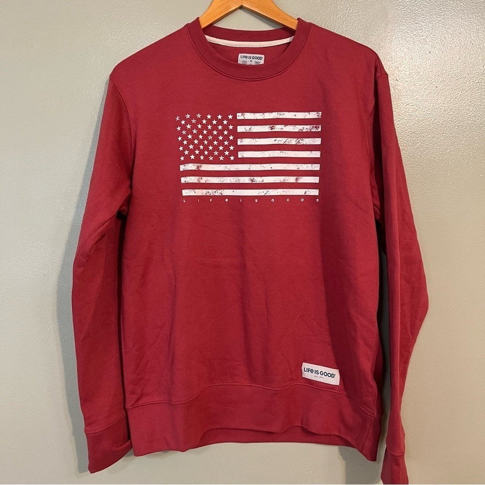 Life  Is Good Graphic American Flag Crew Neck Mens Pullover Sweatshirt M Red